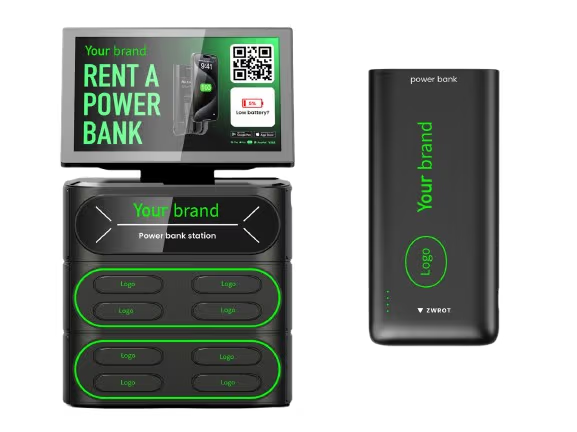 HelloCharge station and power bank carrying a partner's logo and brand colours