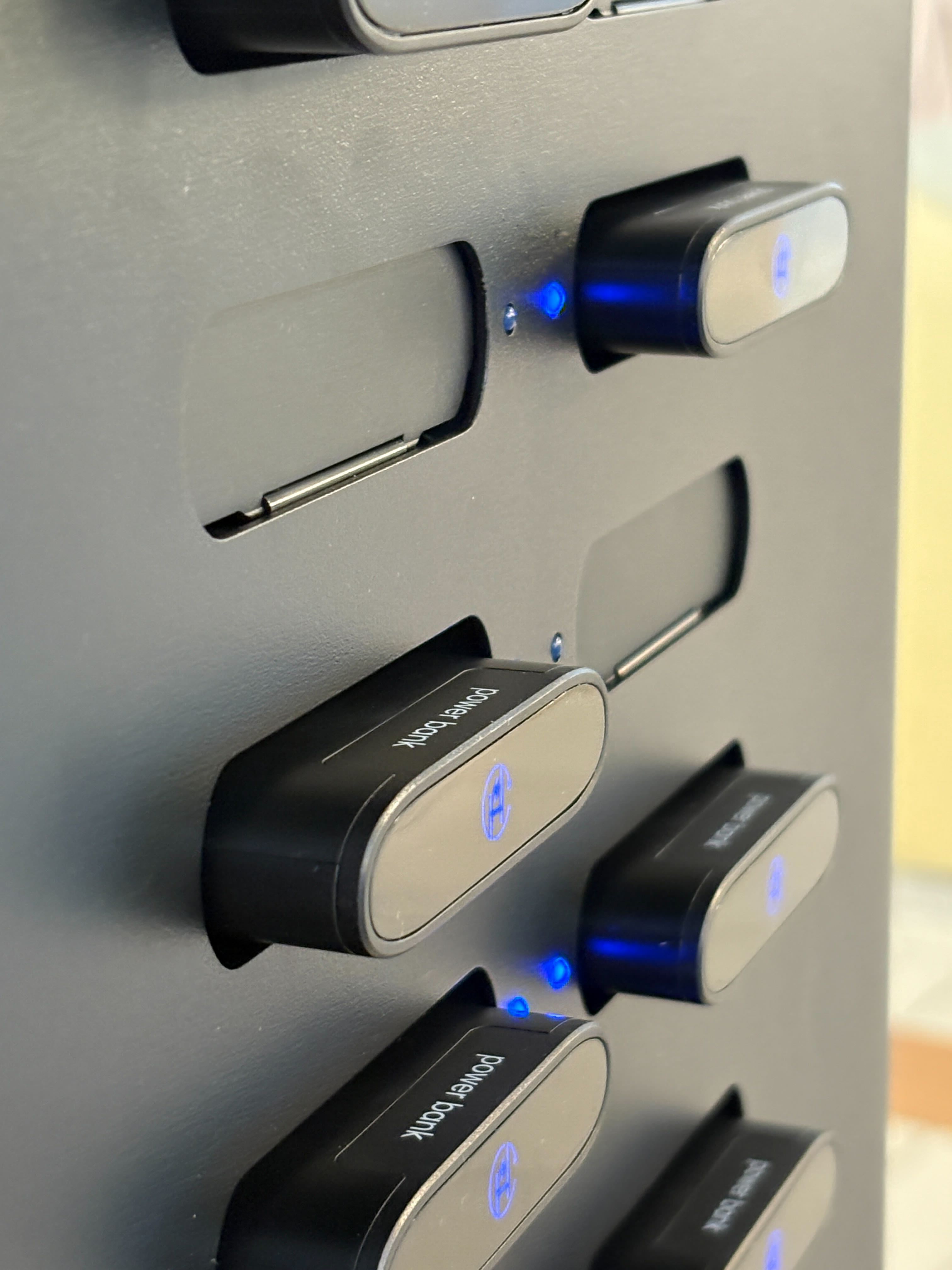 HelloCharge power banks in a station